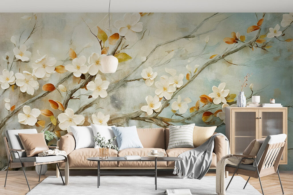 Painting of a branch with white flowers Painting of a branch with white flowers