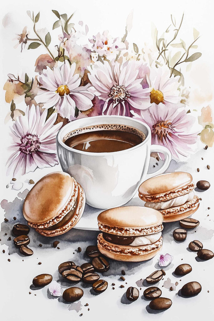 Watercolor painting of a cup of coffee and cookies Watercolor painting of a cup of coffee and cookies
