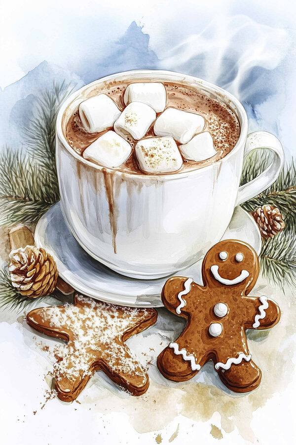 Šálka horúcej čokolády s marshmallows a perníkovými sušienkami Šálka horúcej čokolády s marshmallows a perníkovými sušienkami