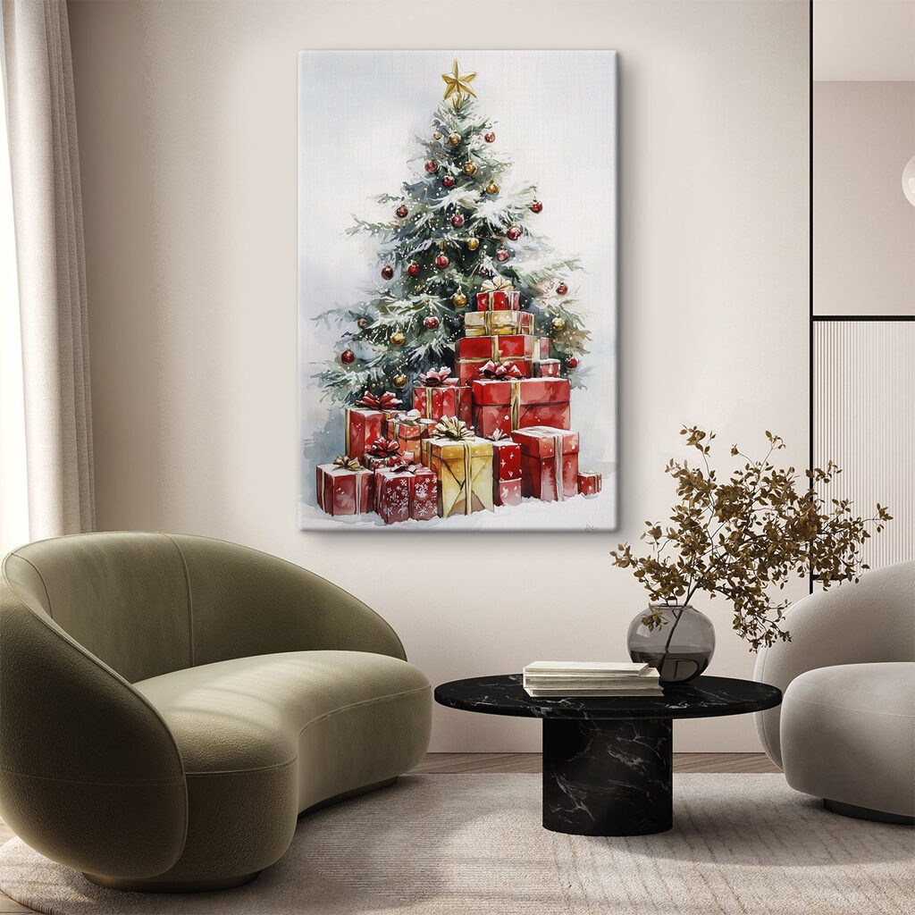 Watercolor of presents under a christmas tree