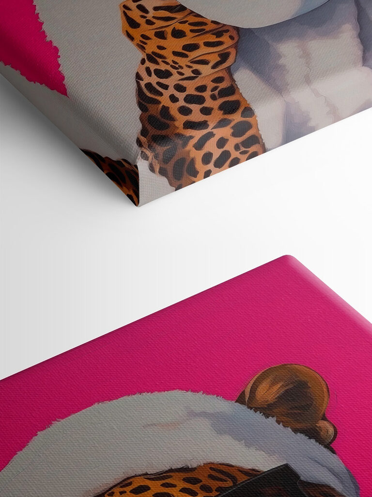 Painting of a leopard wearing a robe and sunglasses holding a cup