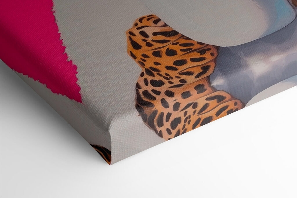 Painting of a leopard wearing a robe and sunglasses holding a cup