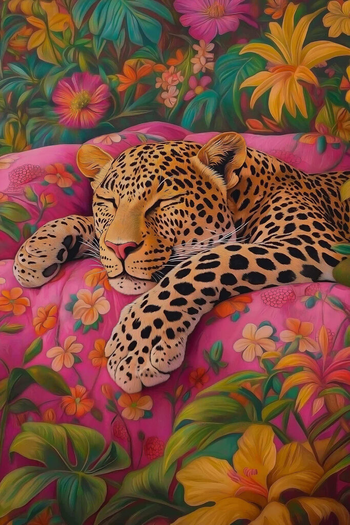 Leopard sleeping on a pink couch