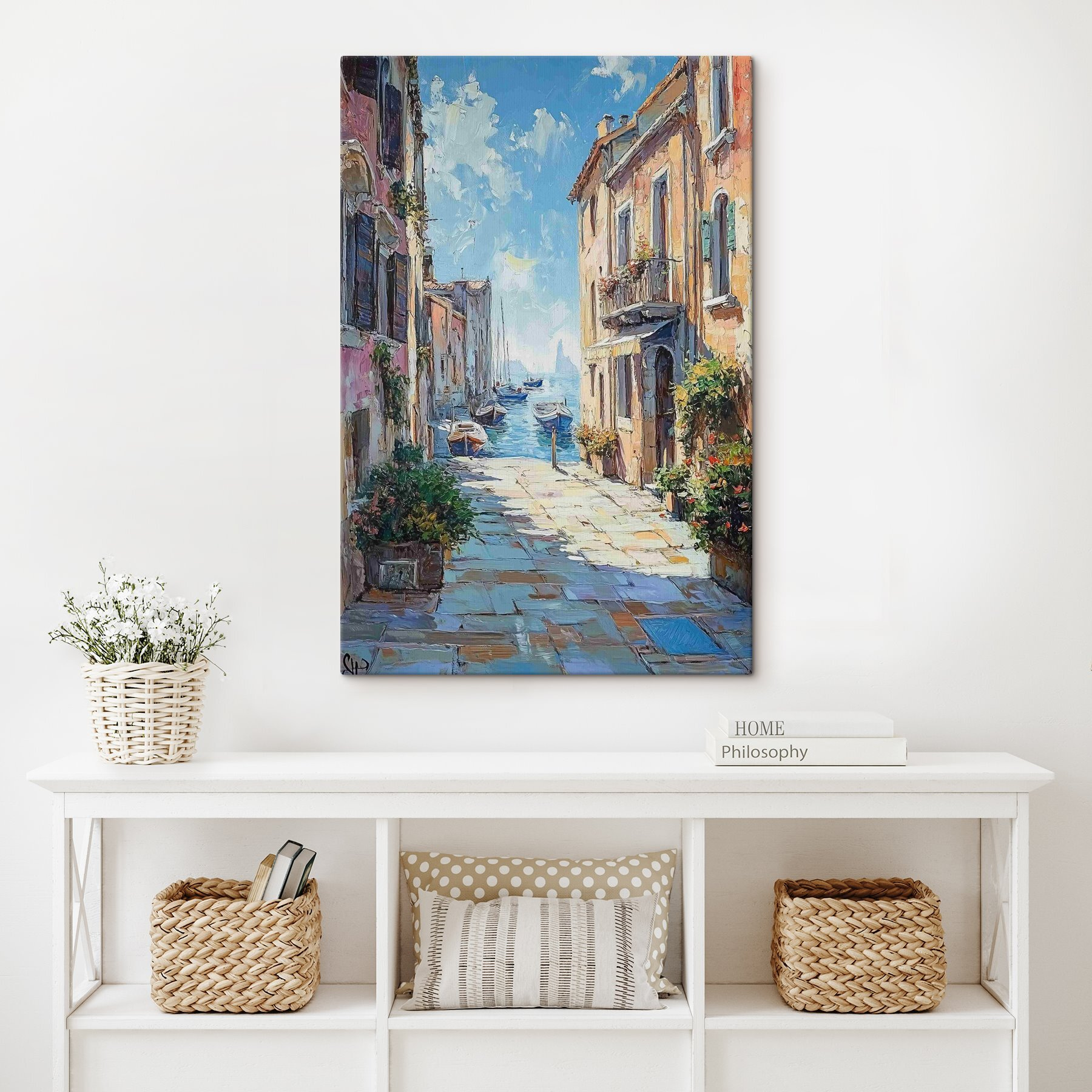 Painting of a street with boats and buildings Painting of a street with boats and buildings