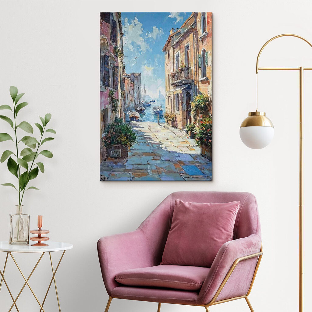 Painting of a street with boats and buildings Painting of a street with boats and buildings