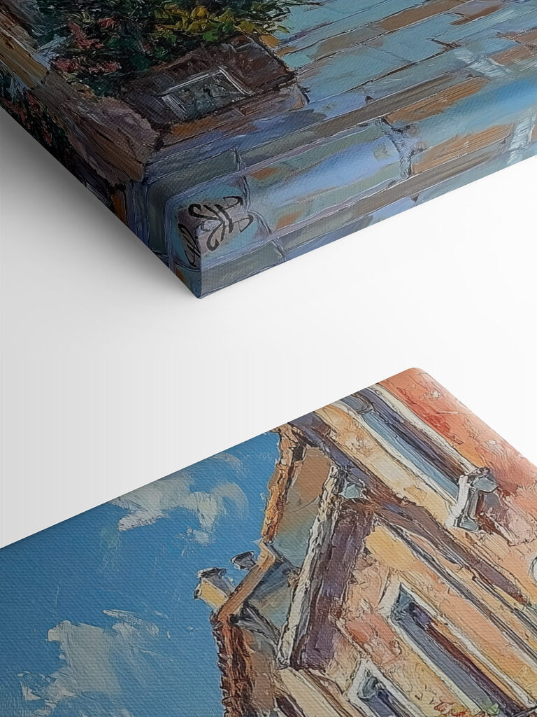 Painting of a street with boats and buildings Painting of a street with boats and buildings