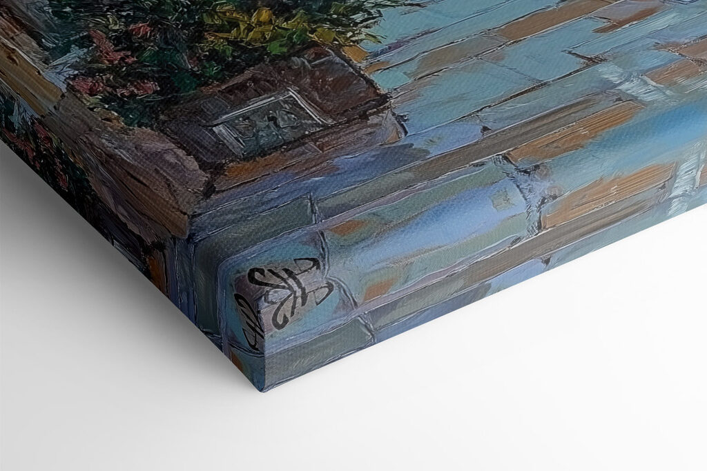 Painting of a street with boats and buildings Painting of a street with boats and buildings