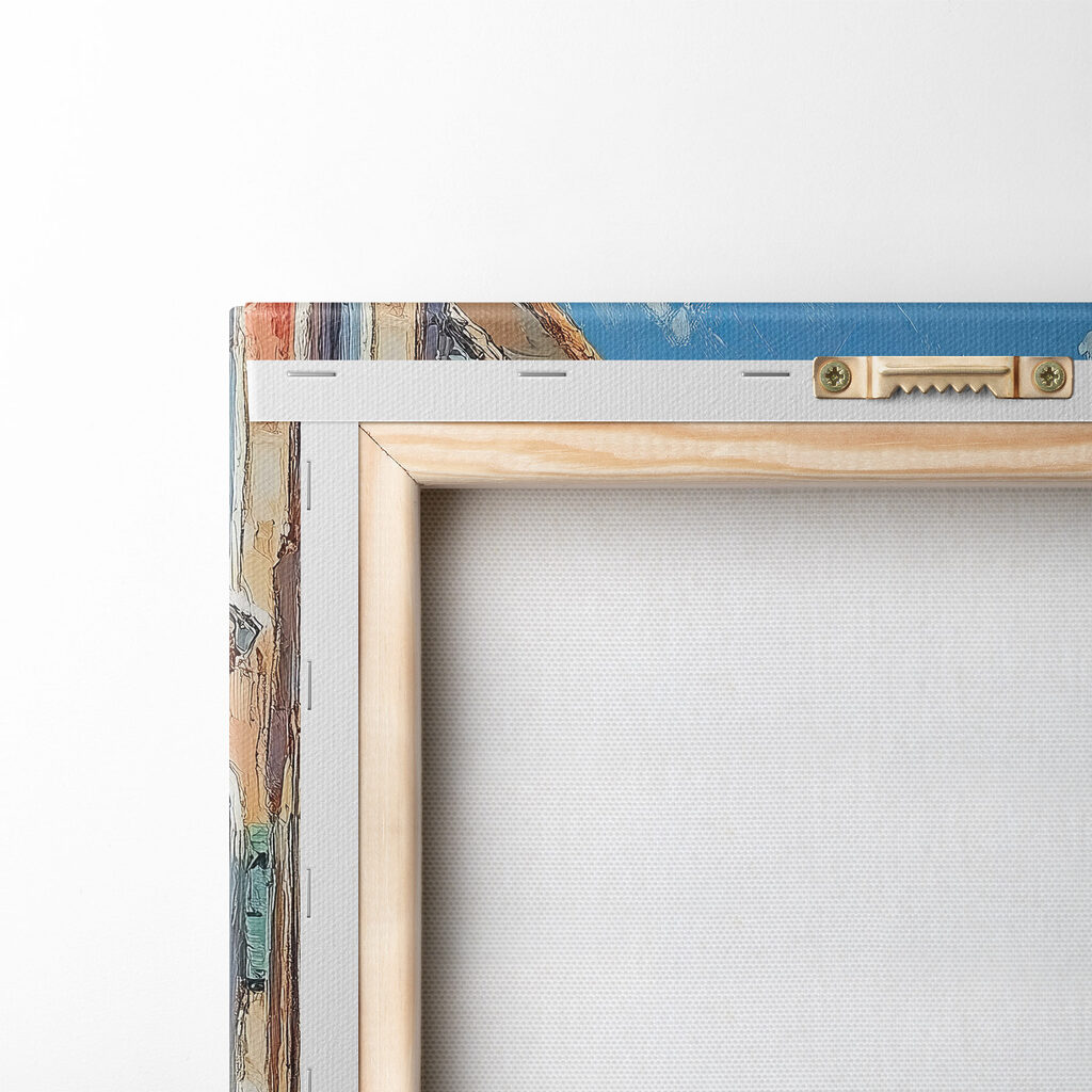 Painting of a street with boats and buildings Painting of a street with boats and buildings