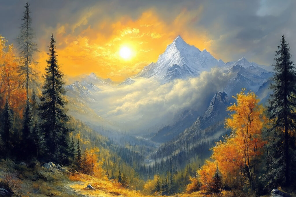 Mountain landscape with trees and clouds