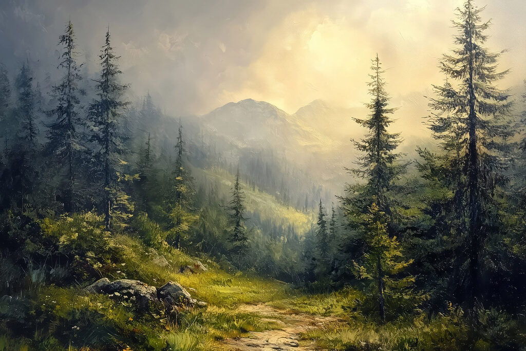 Painting of a forest with mountains and trees Painting of a forest with mountains and trees