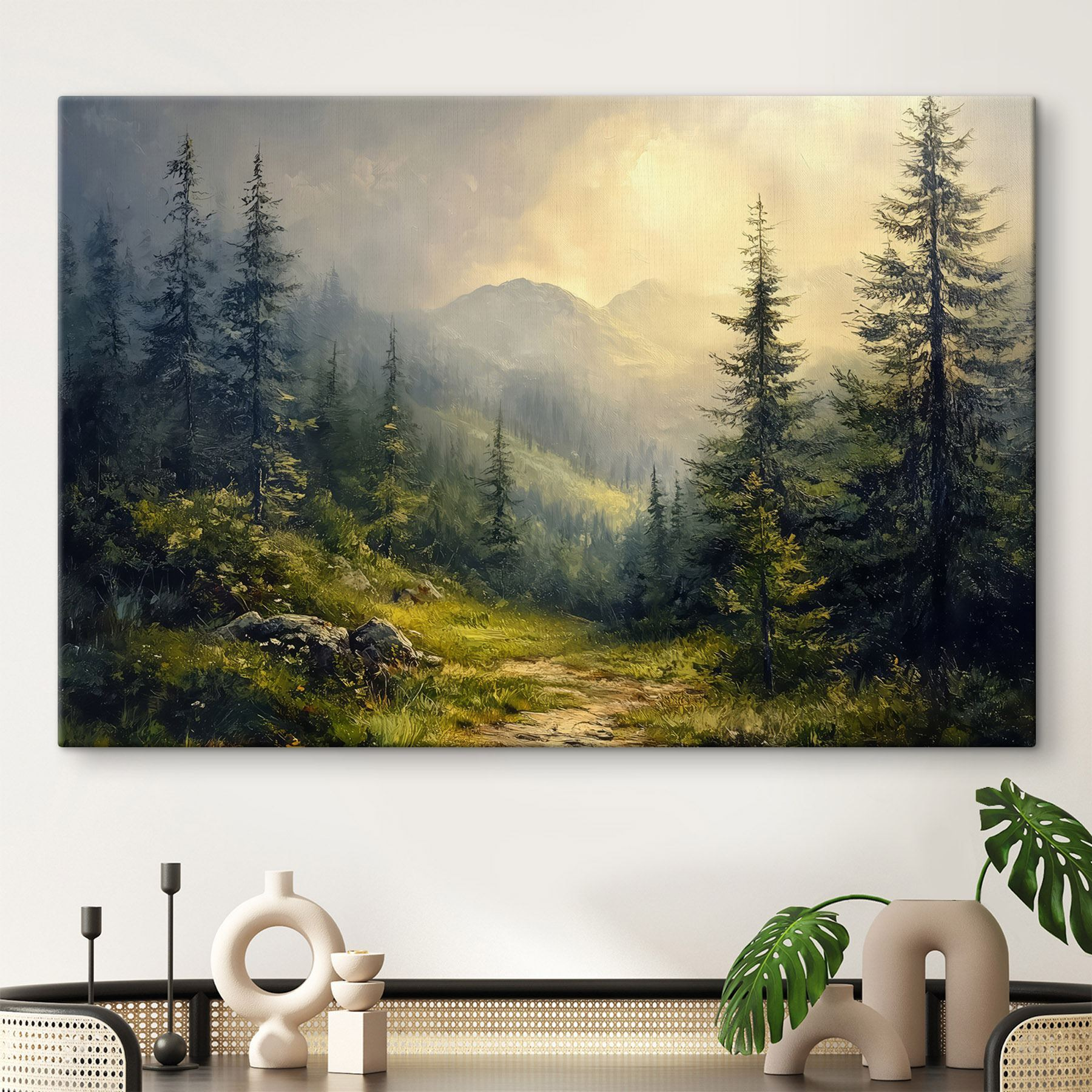 Painting of a forest with mountains and trees Painting of a forest with mountains and trees