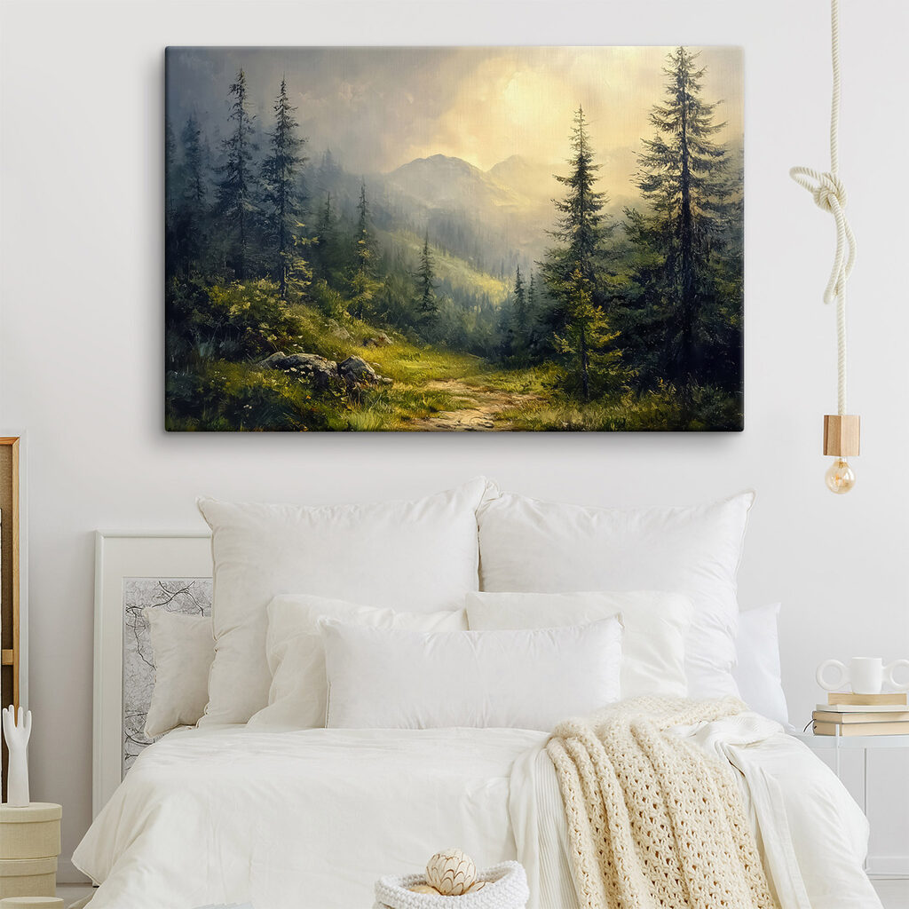 Painting of a forest with mountains and trees Painting of a forest with mountains and trees