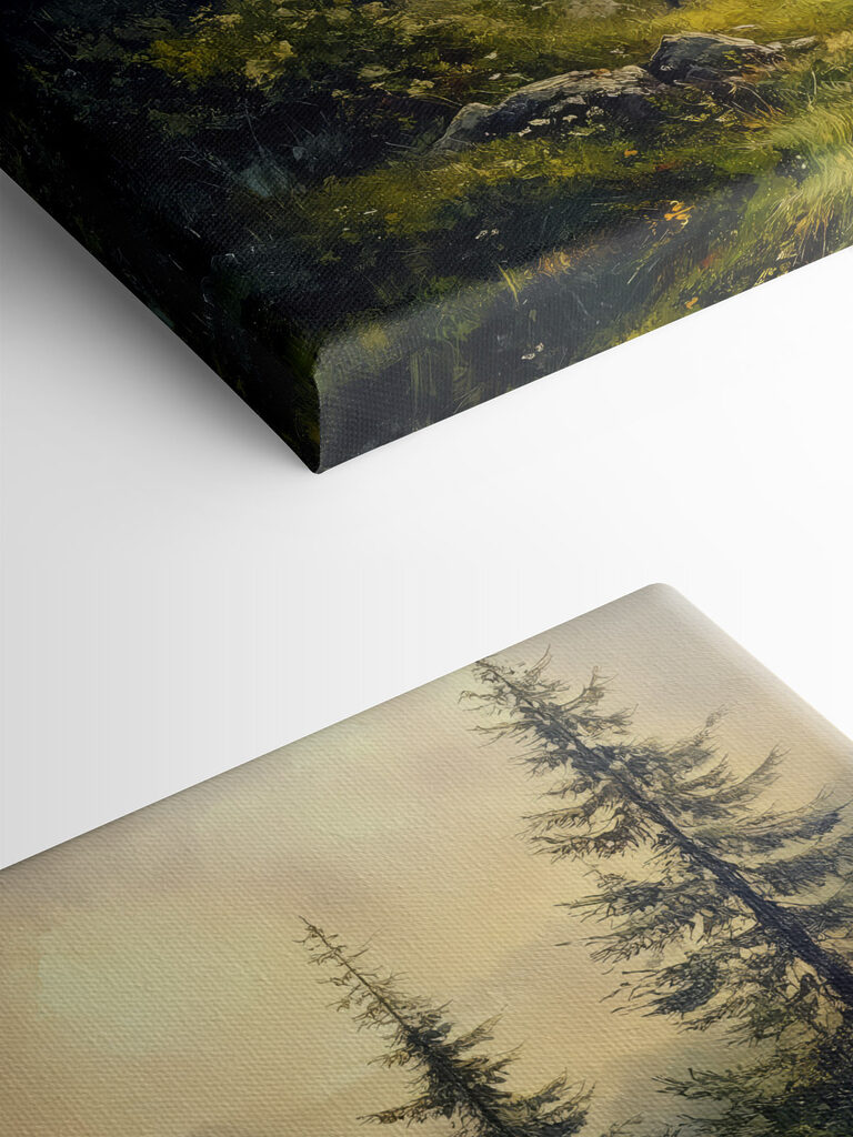 Painting of a forest with mountains and trees Painting of a forest with mountains and trees