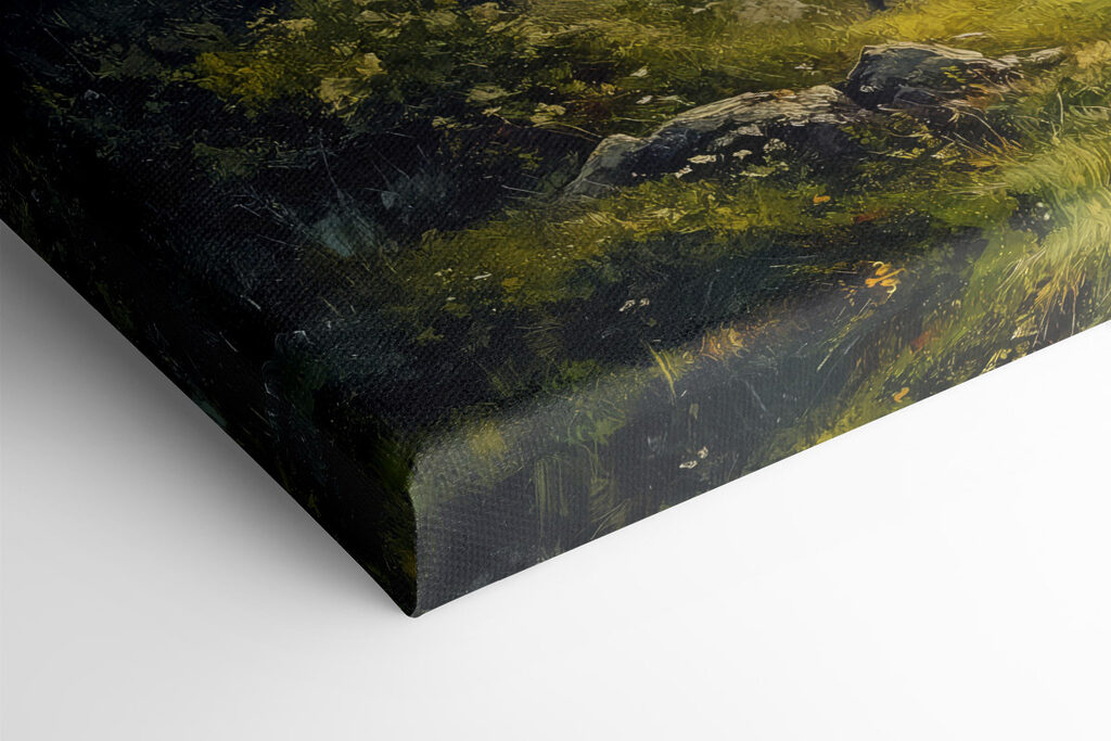 Painting of a forest with mountains and trees Painting of a forest with mountains and trees