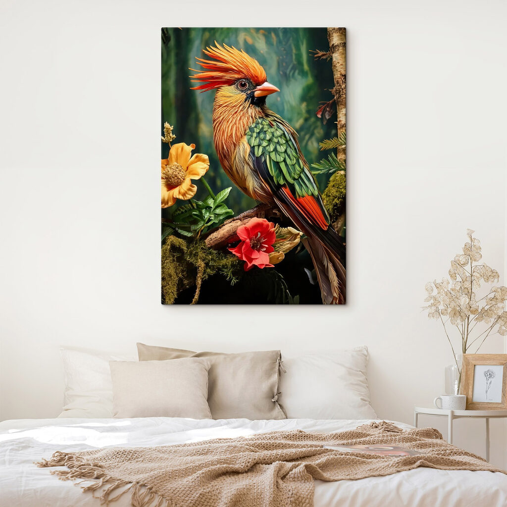 Colorful bird sitting on a branch with flowers