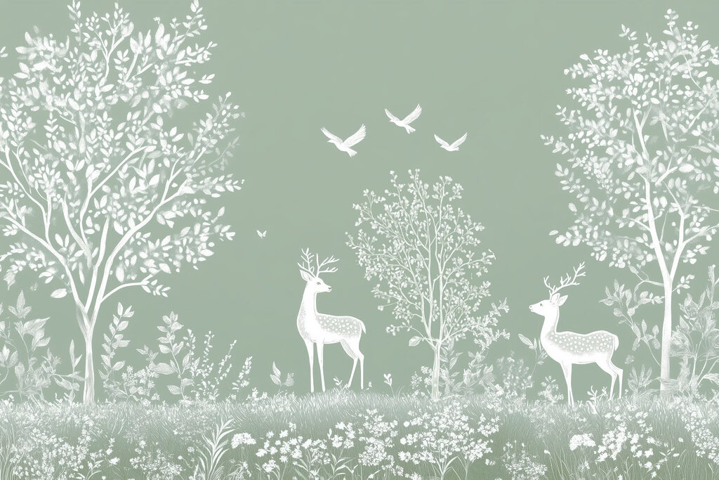 White deer and birds in a field