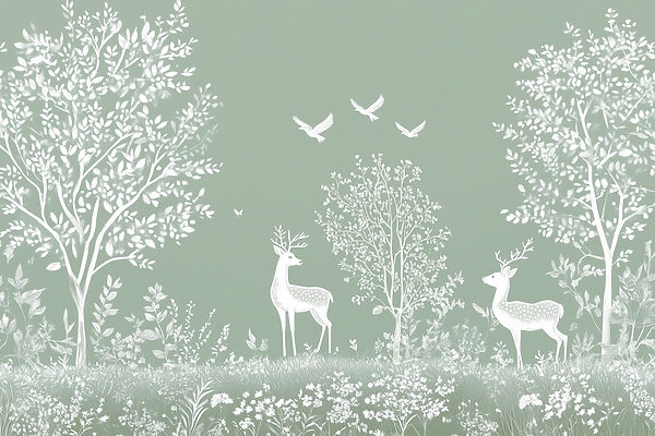 White deer and birds in a field