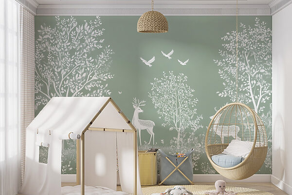 Biely jeleň a vtáky na poli Fototapety Biely jeleň a vtáky na poli