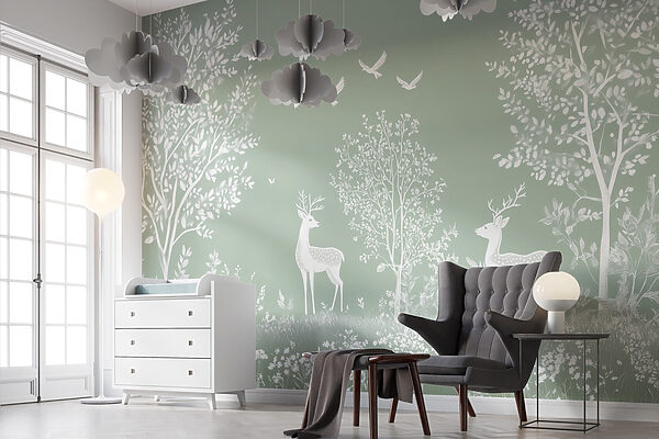 White deer and birds in a field