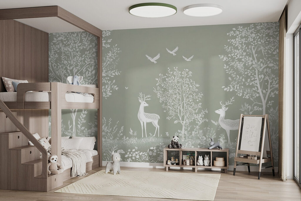 White deer and birds in a forest