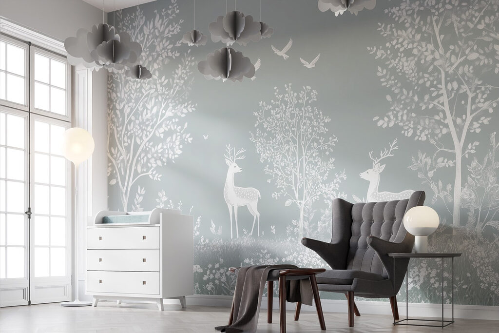 White deer and birds in a forest