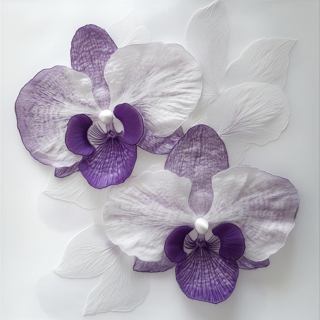 Purple and white flowers on a white surface