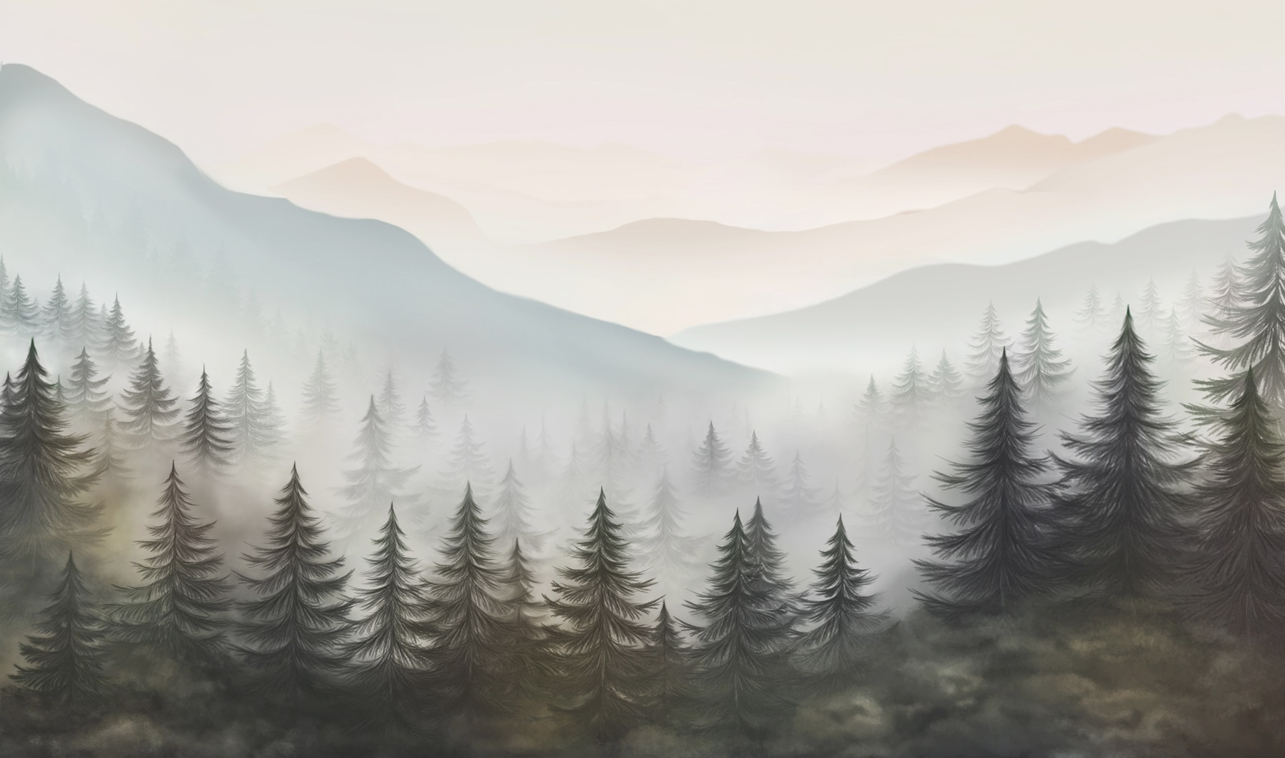Foggy landscape with trees and mountains Foggy landscape with trees and mountains