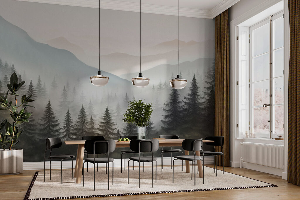 Foggy landscape with trees and mountains Foggy landscape with trees and mountains