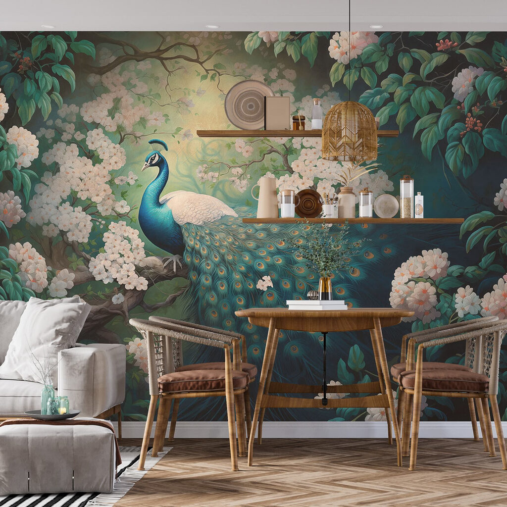 Painting of a peacock on a tree branch Painting of a peacock on a tree branch