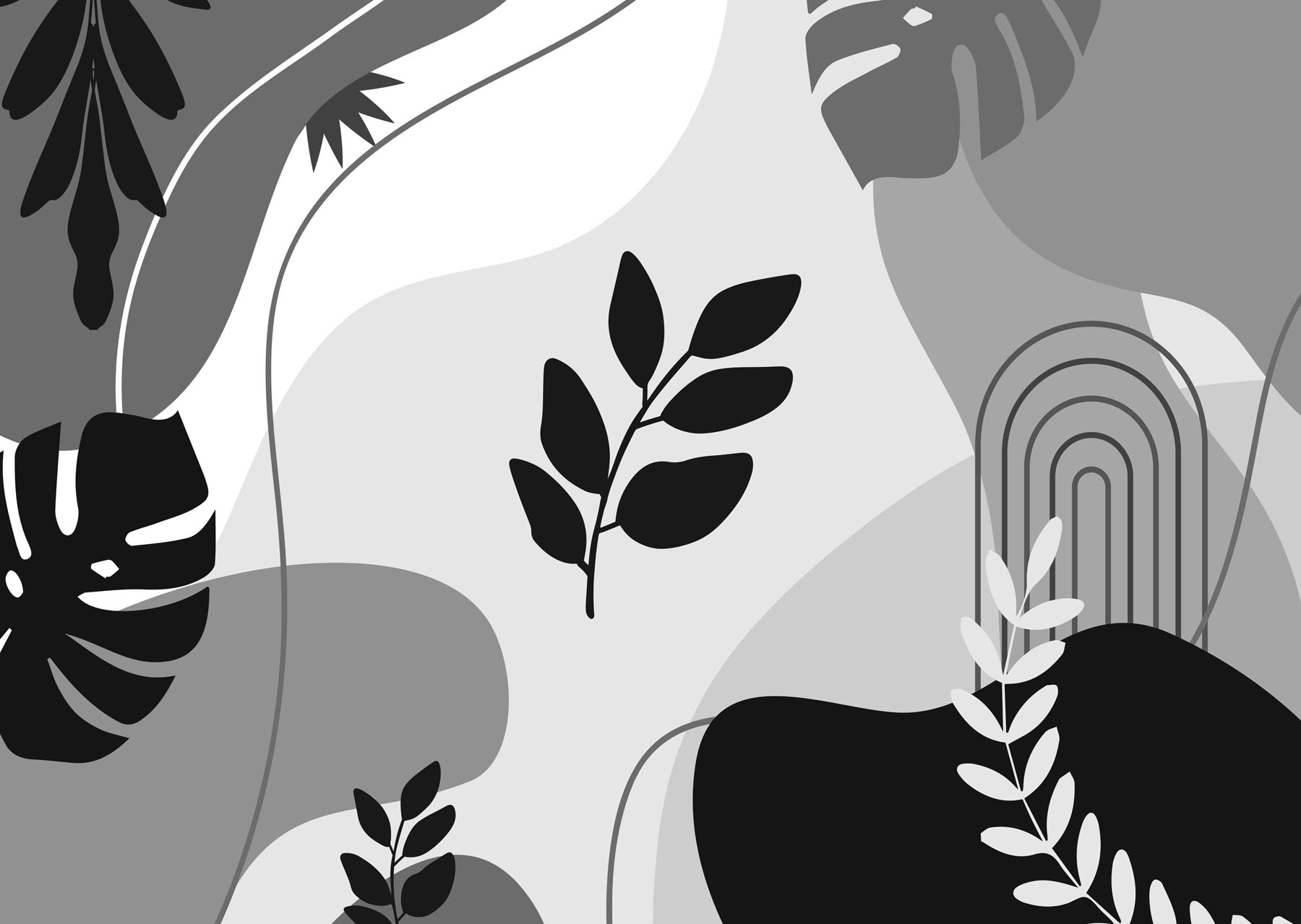Black and white image of leaves and plants