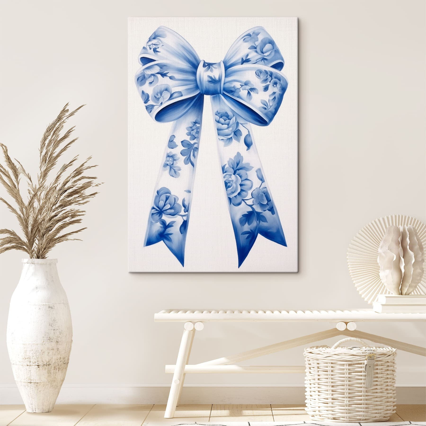 Blue and white floral bow