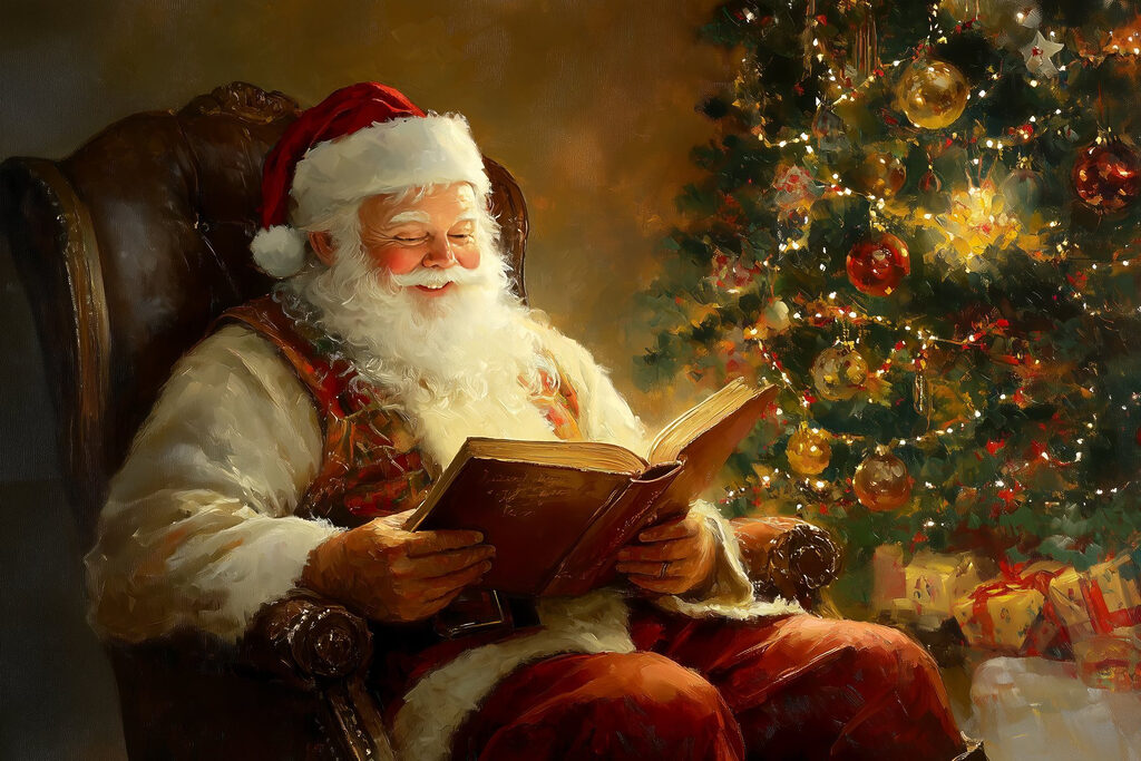 Painting of a santa reading a book