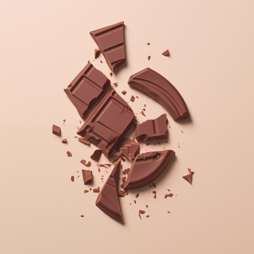 Broken chocolate bar on a pink surface Broken chocolate bar on a pink surface