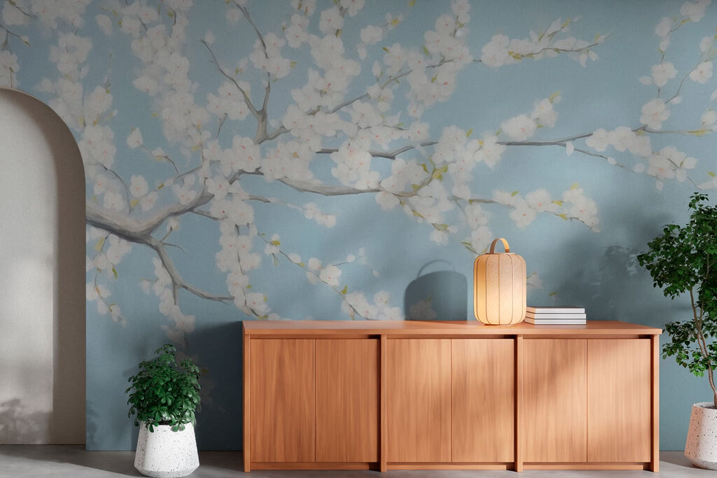 Painting of a tree with white flowers