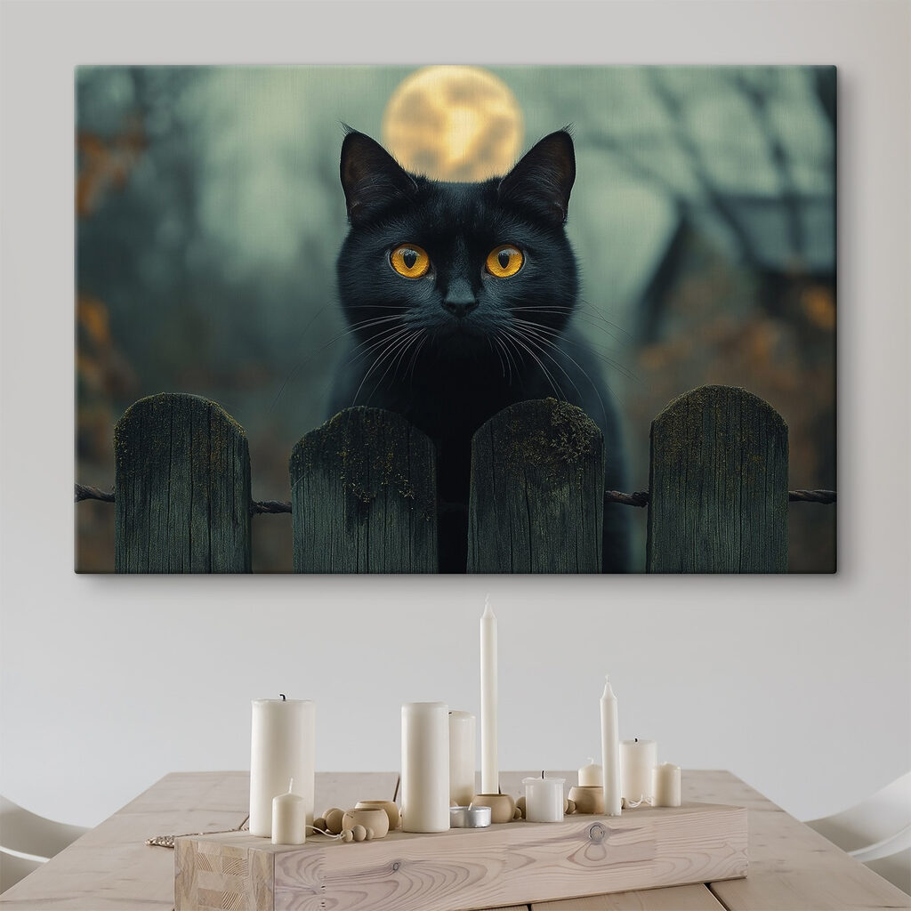 Black cat with yellow eyes behind a fence Black cat with yellow eyes behind a fence