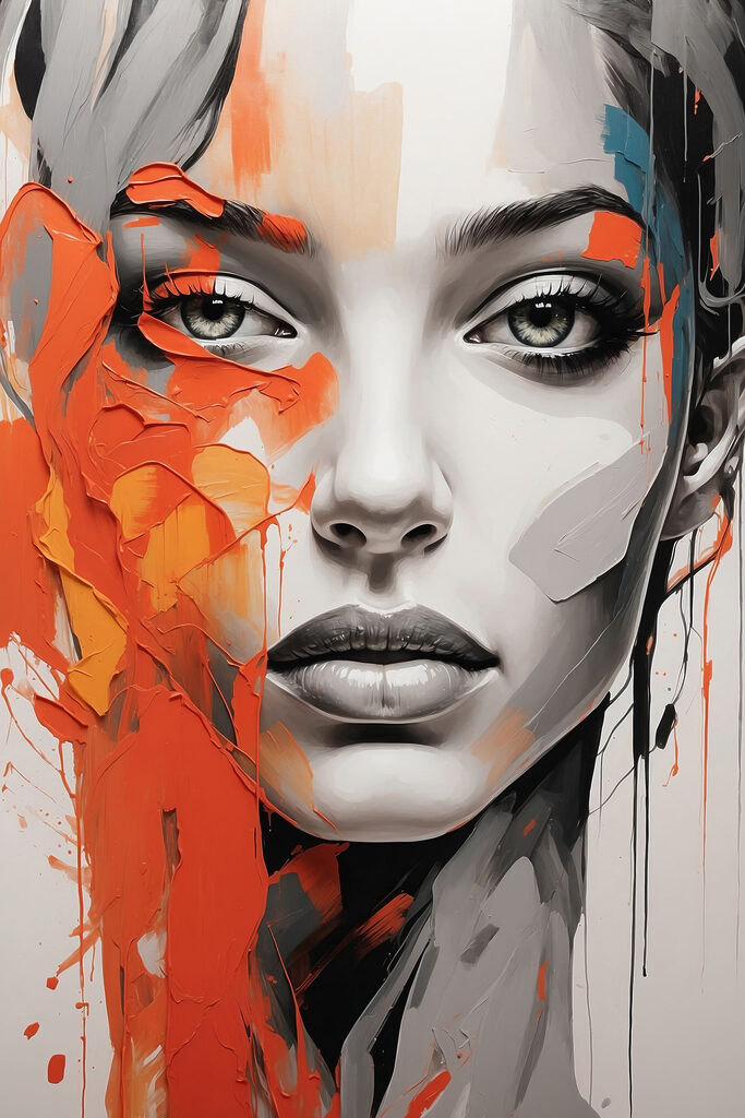 Painting of a woman with orange paint on her face