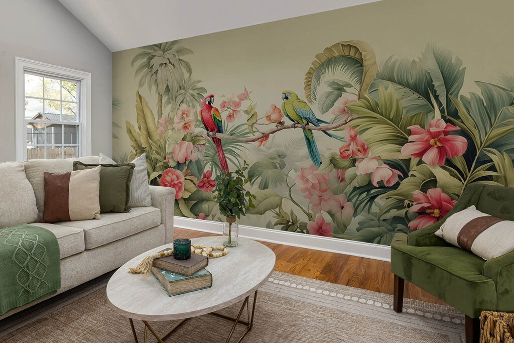 Couple of parrots on a branch with flowers