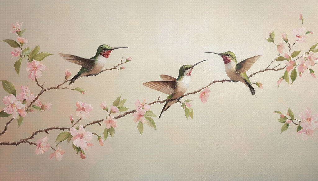 Maľba kolibríkov na vetve s kvetmi Maľba kolibríkov na vetve s kvetmi
