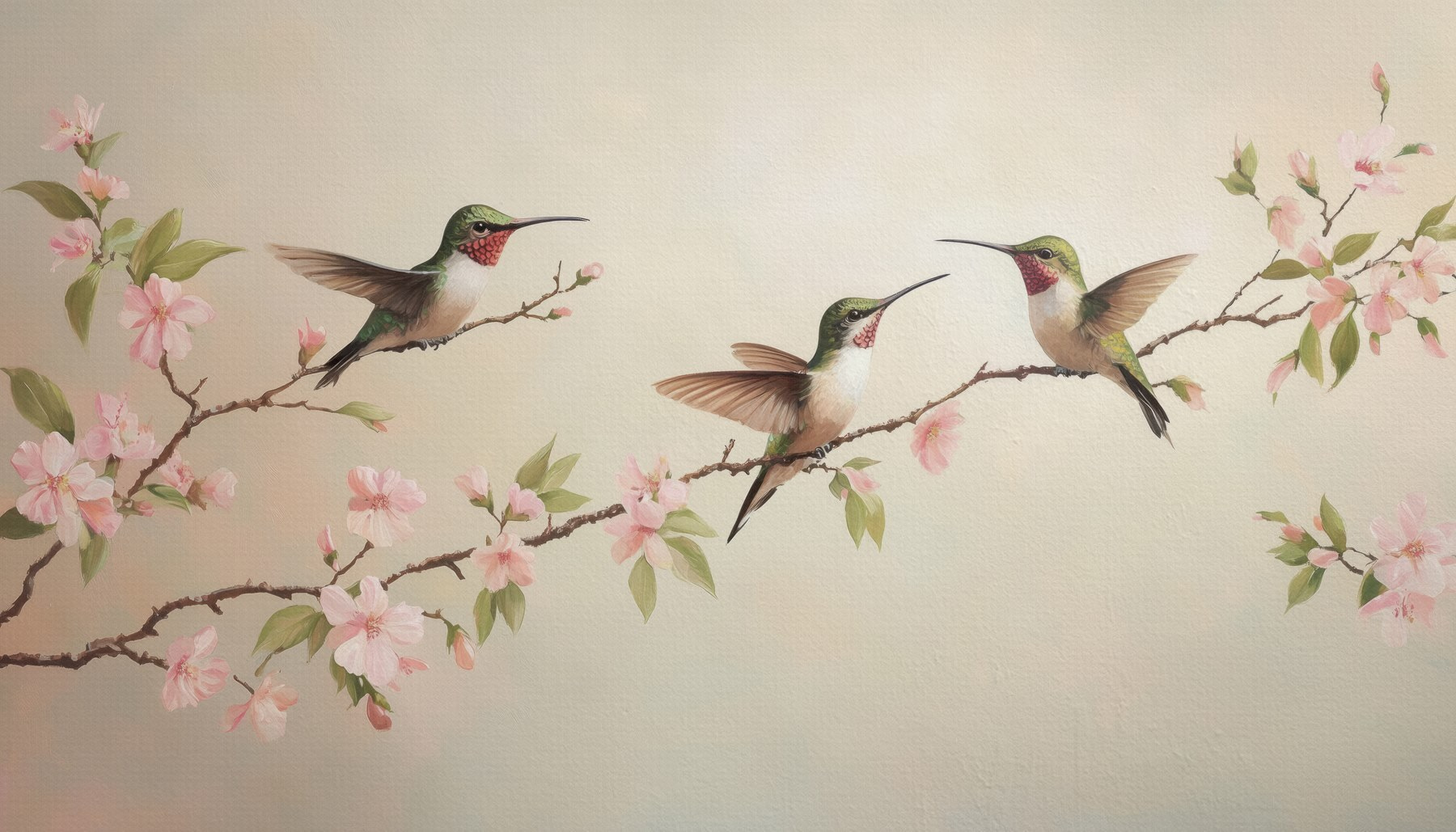 Painting of hummingbirds on a branch with flowers Painting of hummingbirds on a branch with flowers