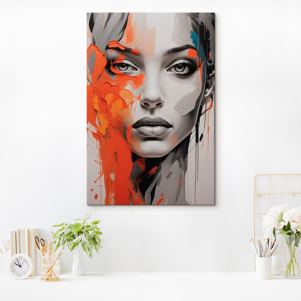 Painting of a woman with orange paint on her face