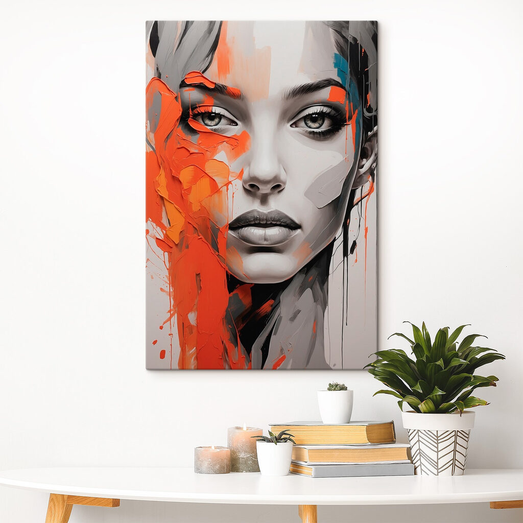 Painting of a woman with orange paint on her face