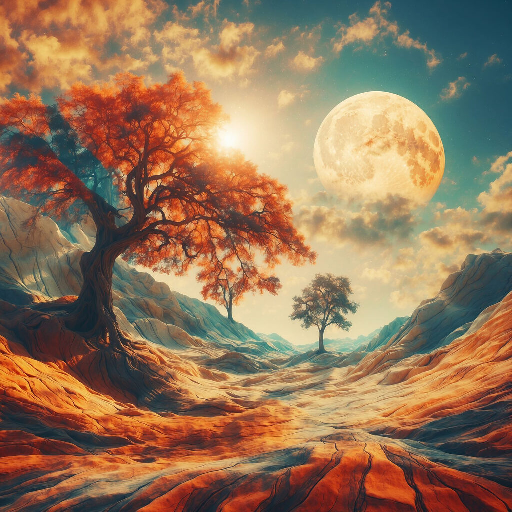 Landscape with trees and mountains and a moon Landscape with trees and mountains and a moon