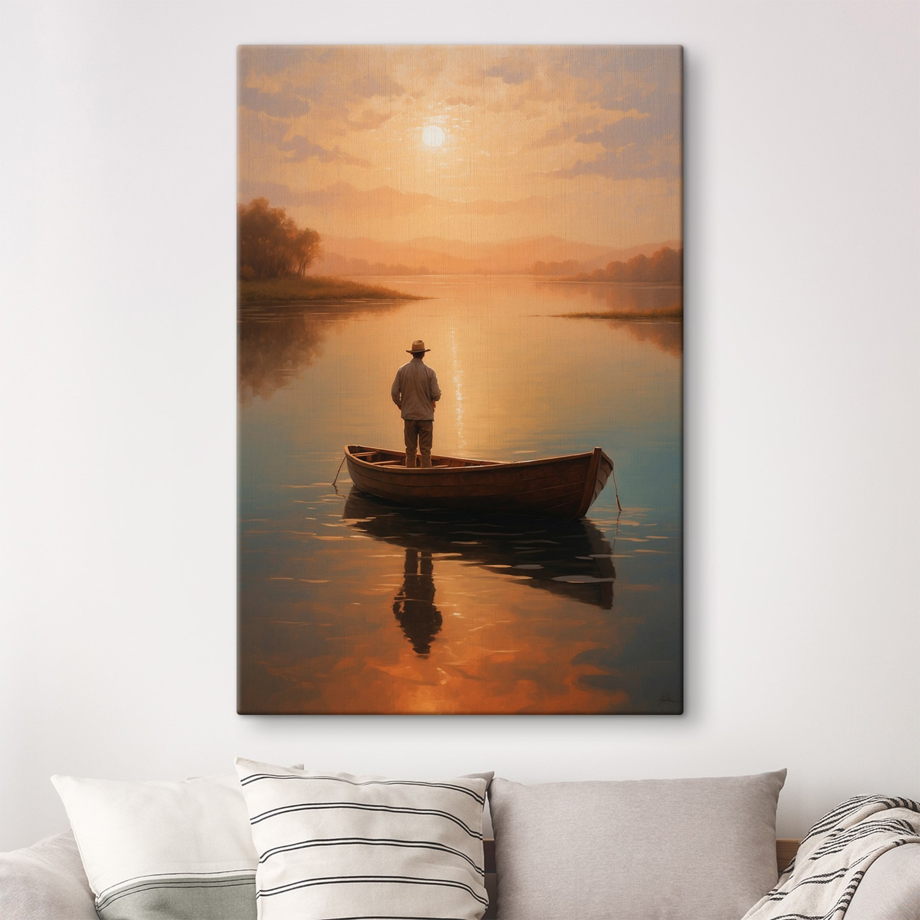 Man standing in a boat on a lake