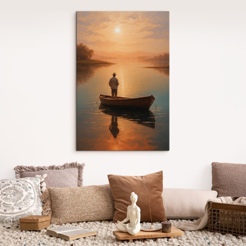 Man standing in a boat on a lake
