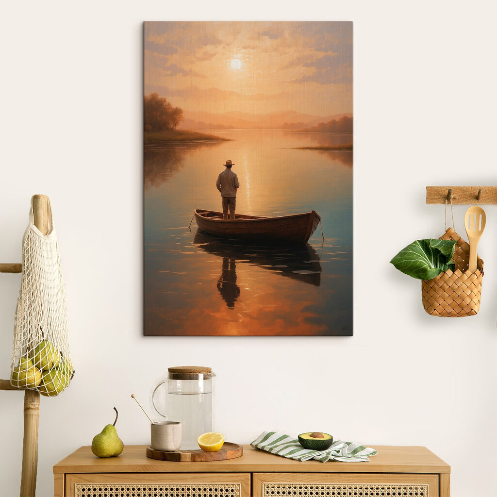 Man standing in a boat on a lake