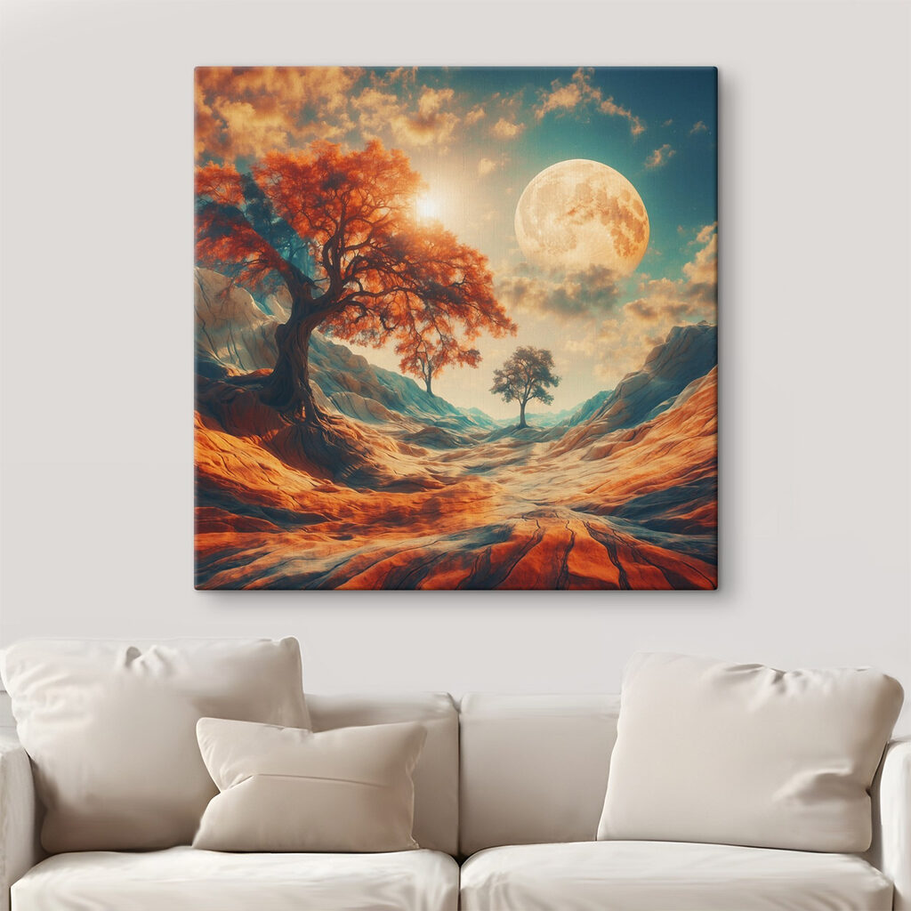 Landscape with trees and mountains and a moon Landscape with trees and mountains and a moon