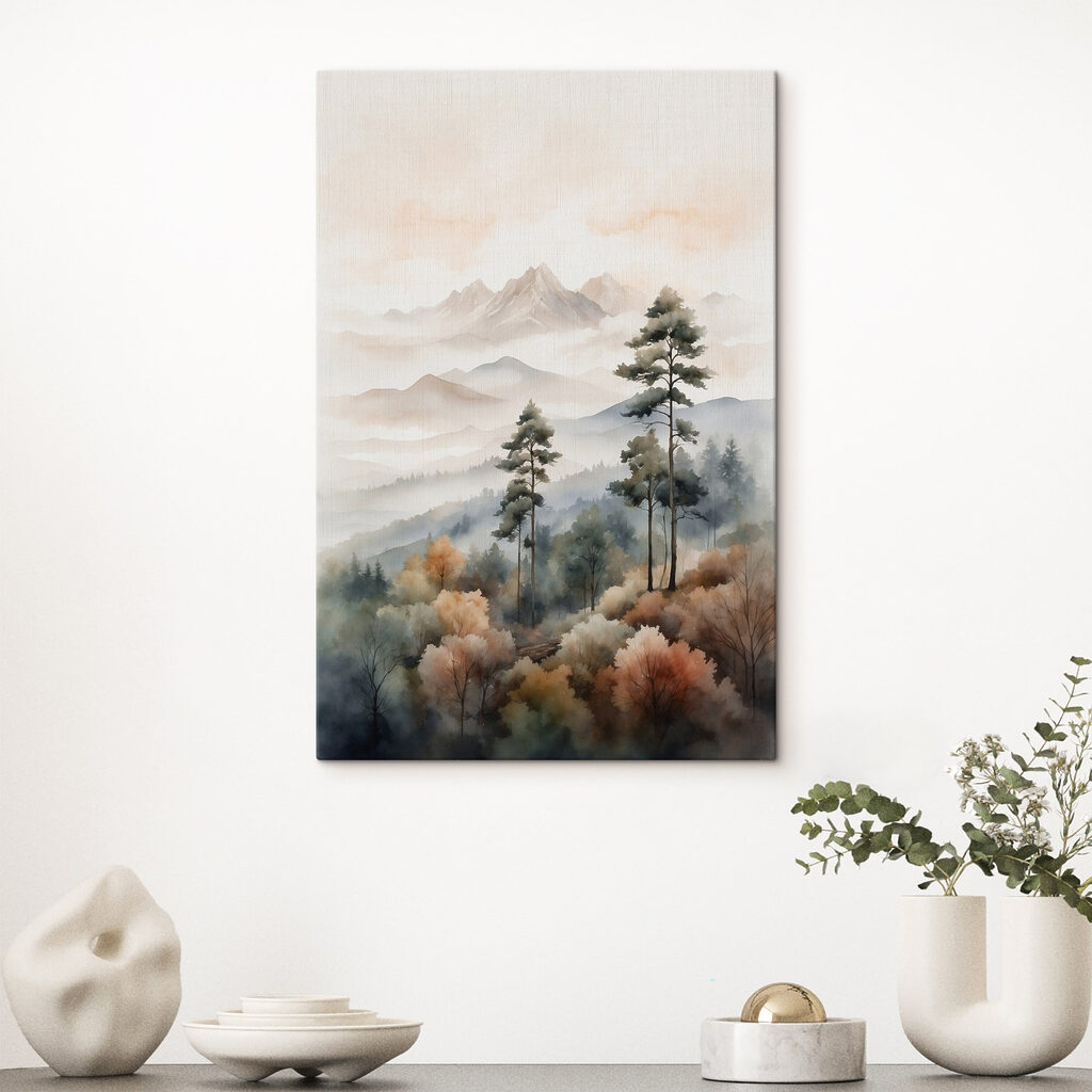 Watercolor painting of trees and mountains