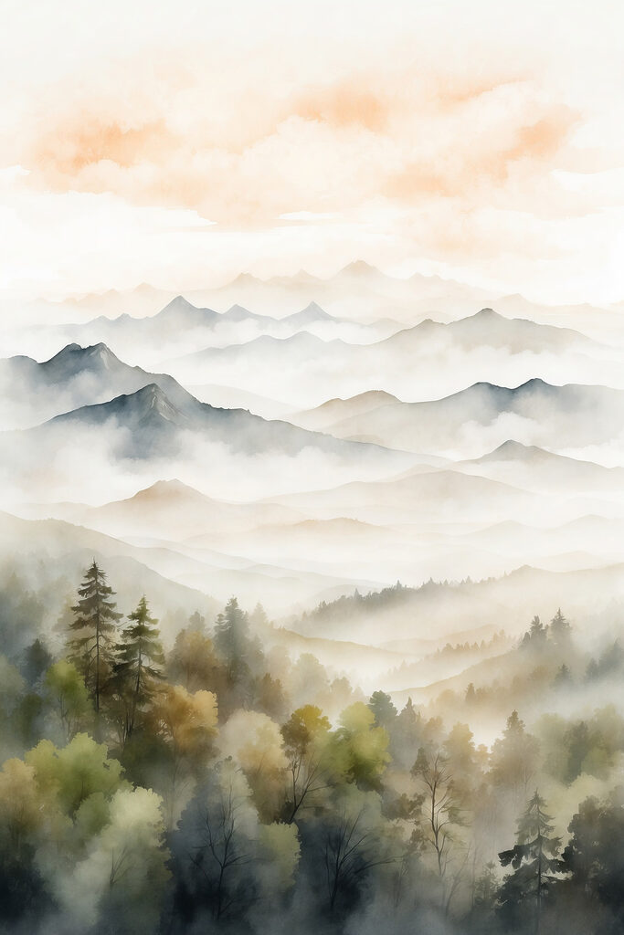 Watercolor painting of mountains and trees Watercolor painting of mountains and trees