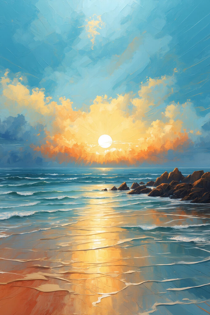 Painting of a beach with rocks and water and the sun