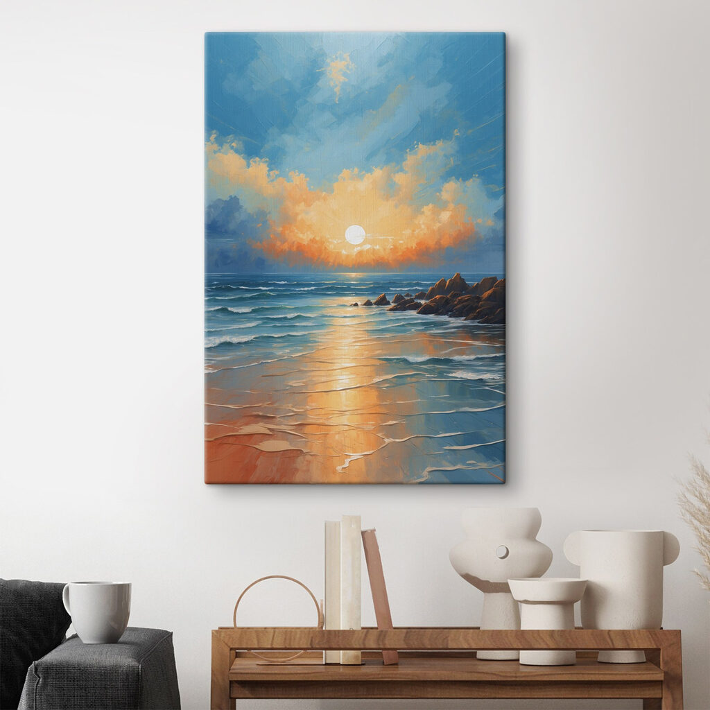 Painting of a beach with rocks and water and the sun